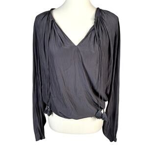 Ramy Brook Satin Tassel Tie Gray Boho Preppy Blouse Long Sleeve Medium